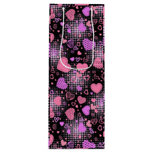 Sacola Para Vinho Padrão de Corações Rosa 01 Preto BG