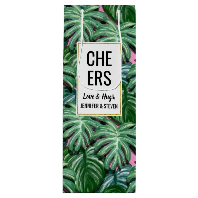 Sacola Para Vinho Padrão de Folhas Tropicais - Folhagem Verde (Frente)