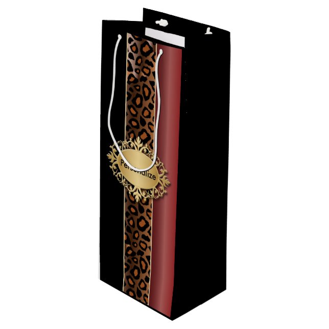 Sacola Para Vinho Padrão de Leopardo Negro e Vermelho do Garnet (Frente inclinada)