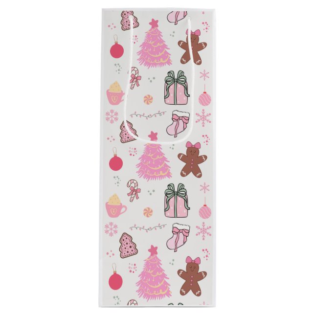 Sacola Para Vinho Padrão de Natal Rosa (Frente)