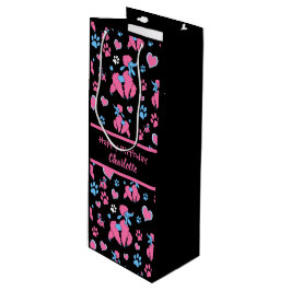 Sacola Para Vinho Padrão de Poodle Rosa e Azul em Fundo Preto