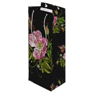 Sacola Para Vinho Padrão do bordado floral elegante em preto