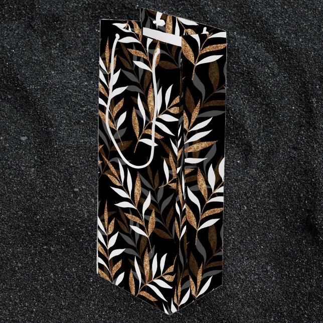 Sacola Para Vinho Padrão Elegante de Folhas Negras e Douradas (Criador carregado)