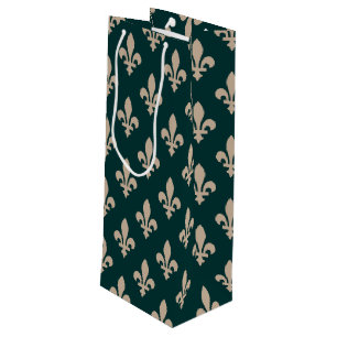 Sacola Para Vinho Padrão Flor de Lis, Creme Real Francês sobre Verde