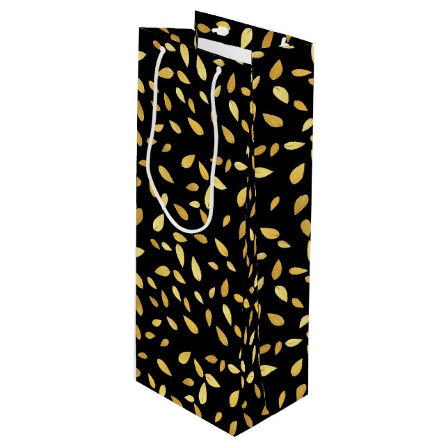 Sacola Para Vinho Padrão Ilustrado de Folhas Negras e Douradas Moder (Frente inclinada)