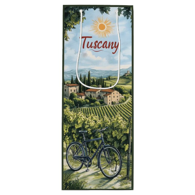 Sacola Para Vinho Paisagem toscana com vinhedos e bicicleta (Frente)