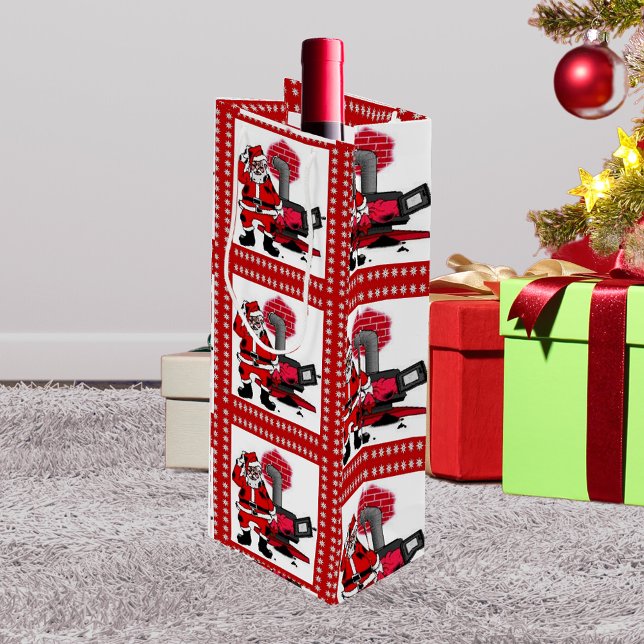 Sacola Para Vinho Papais noeis de vindima e barragem de carvão, latã (Vintage Santa and Coal Stove Burner Wine Gift Bag)