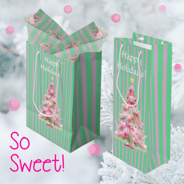 Sacola Para Vinho Personalized Mint Green Pink Stripe Christmas Tree (Gift bags in small, medium and wine. You can personalize the text!)