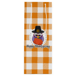 Sacola Para Vinho Pilgrim Owl em Orange Xadrez - Feliz Ação de Graça
