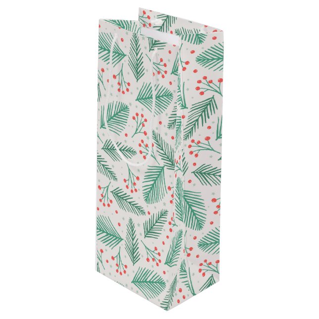 Sacola Para Vinho Pinheiro de Natal desenhado à mão Ramifica Verde V (Frente inclinada)