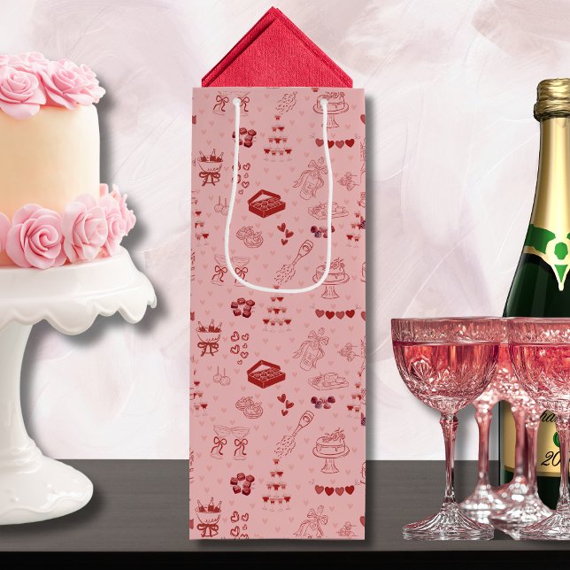 Sacola Para Vinho Pink Champagne Tower Galentine Doodle Pattern (Criador carregado)