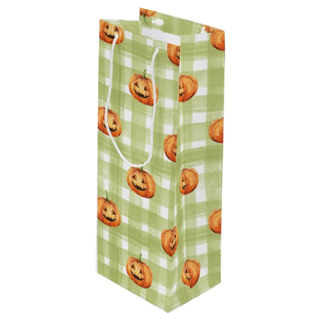 SACOLA PARA VINHO PINTOS DE LARANJA COM XADREZ VERDE E BRANCA (Frente inclinada)