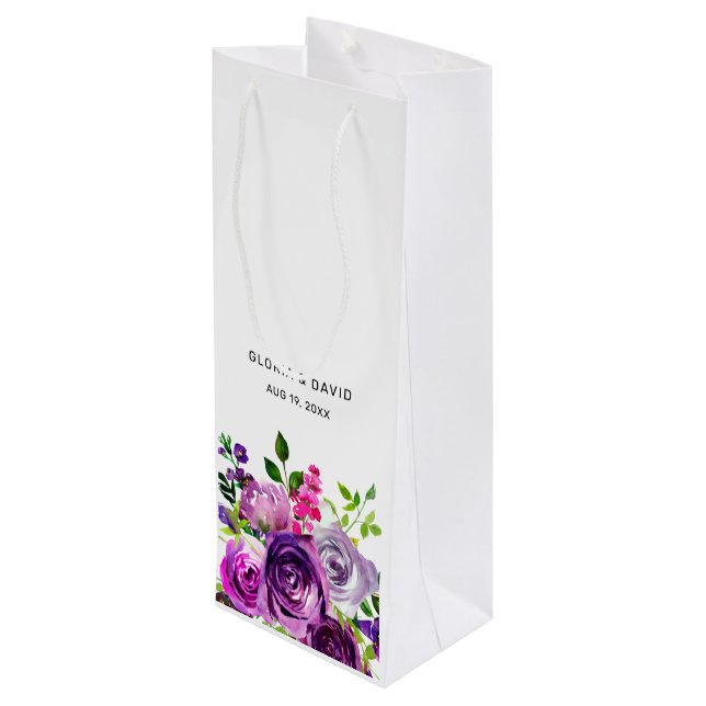Sacola Para Vinho Purple Floral Elegant  Wedding  (Verso inclinado)