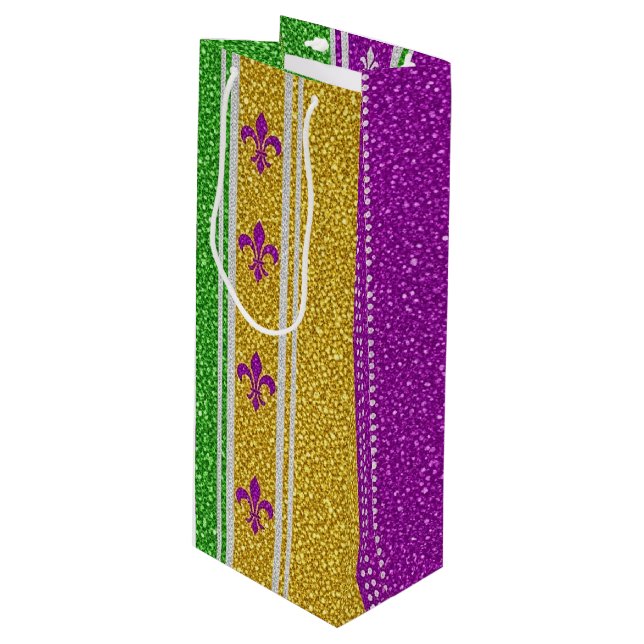 SACOLA PARA VINHO PURPLE GREEN GOLD GLITTER LOOK MARDI GRAS (Frente inclinada)