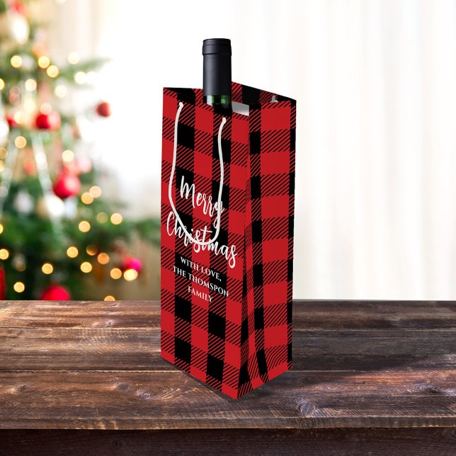 Sacola Para Vinho Red Buffalo Cheque Feliz Natal Personalizado (Red and black Merry Christmas Buffalo Check Pattern Wine Gift Bag)