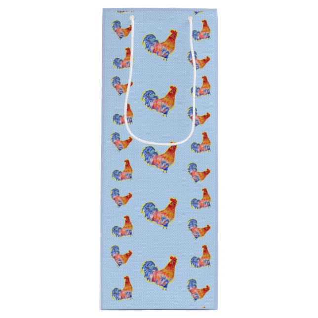 Sacola Para Vinho Red Funny Rooster Cockerel Pontos Azul e Branco (Frente)