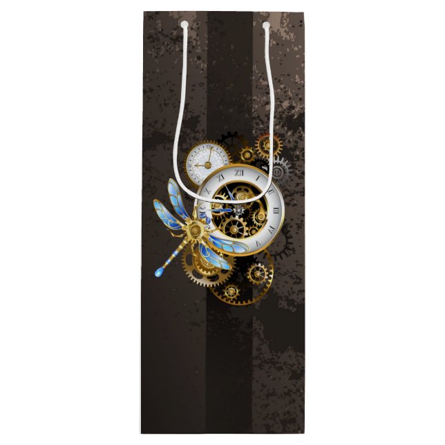 Sacola Para Vinho Relógio Steampunk com Dragonfly Mecânica (Frente)