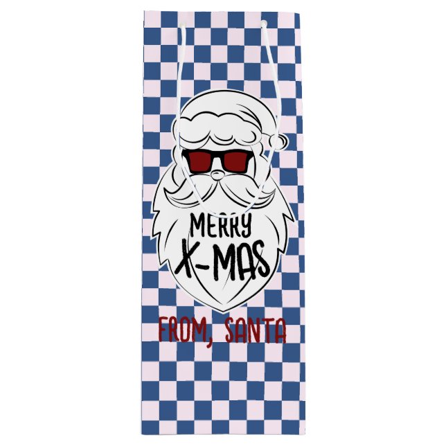 Sacola Para Vinho Retro Groovy Blue Checkered Santa Claus Christmas  (Frente)