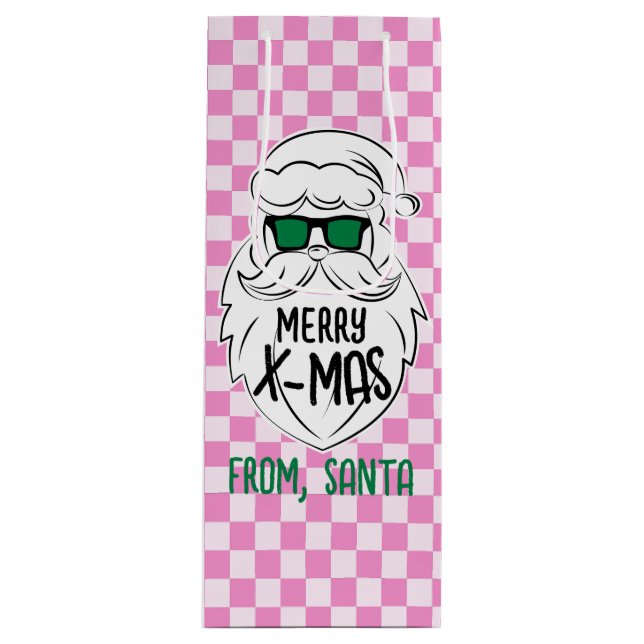 Sacola Para Vinho Retro Groovy Pink Checkered Santa Claus Christmas  (Frente)