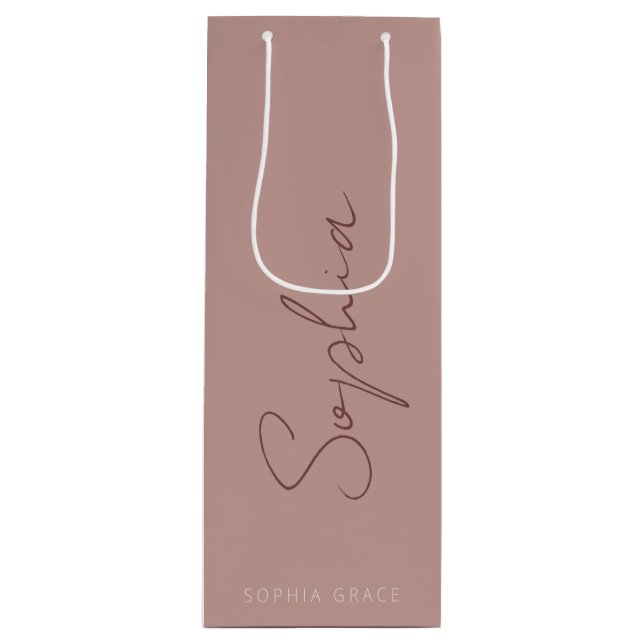 Sacola Para Vinho Rosa Empoeirada Moderno Script Manuscrito Monogram (Frente)