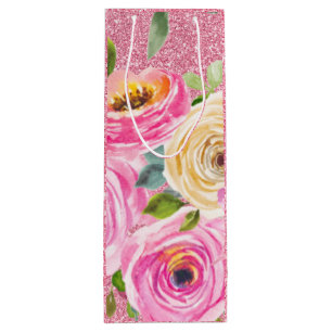 Sacola Para Vinho Rosas em Aquarela em Rosa e Creme com Brilho Rosa