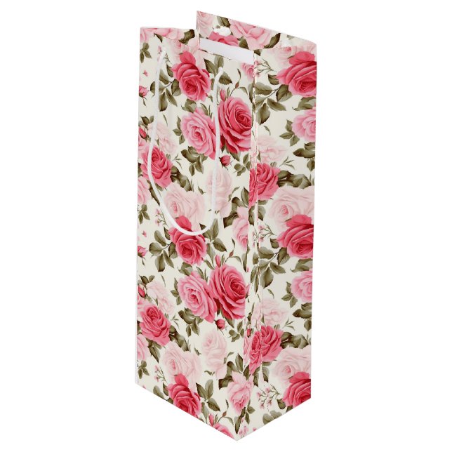 Sacola Para Vinho Rosas Rosa com Saco do Presente (Frente inclinada)