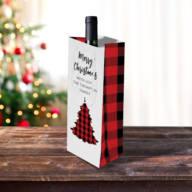 Sacola Para Vinho Rustic Felry Christmas Buffalo Personalizado (Merry Christmas holiday Christmas tree wine gift bag)