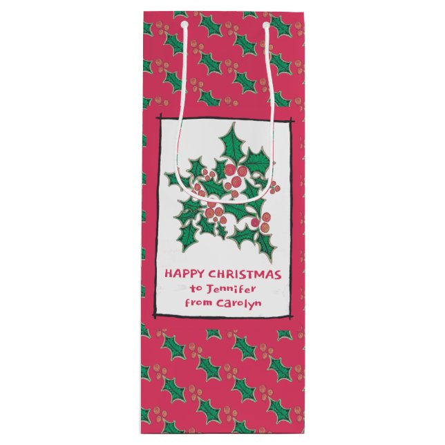 Sacola Para Vinho Sagrada de Natal e bagas desenhando, suas palavras (Frente)