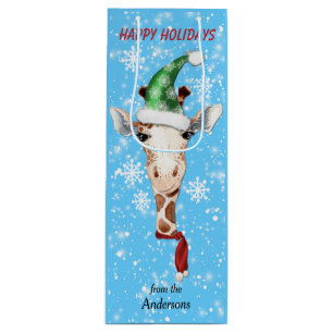 Sacola Para Vinho Santa Hat Giraffe Snowflake Blue Wine Gift Bag