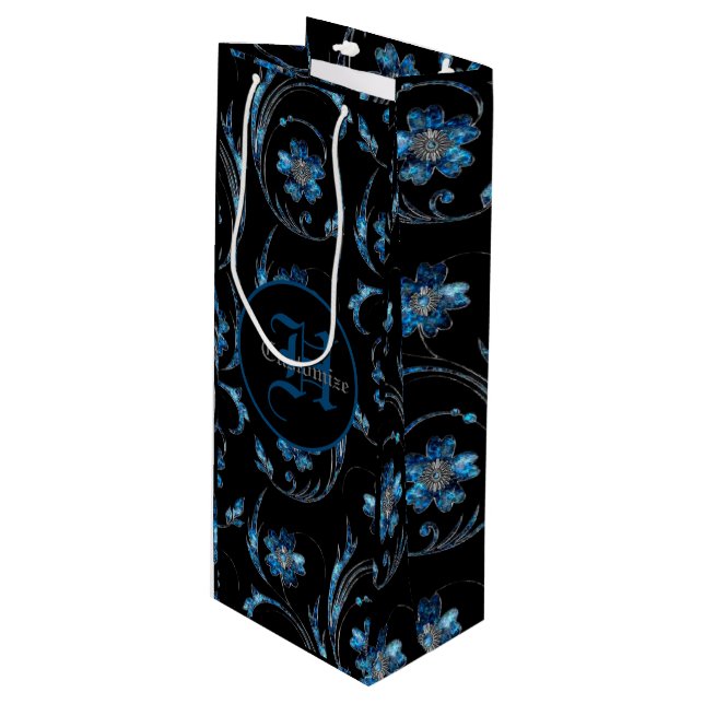 Sacola Para Vinho Shimmer Azul Monograma Floral 2 (Frente inclinada)