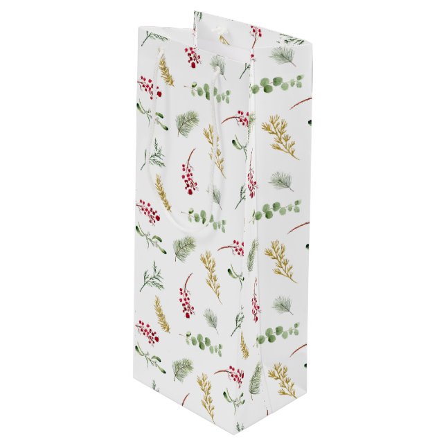 Sacola Para Vinho Simples Dourado inverno Verde Aquarela Natal (Frente inclinada)