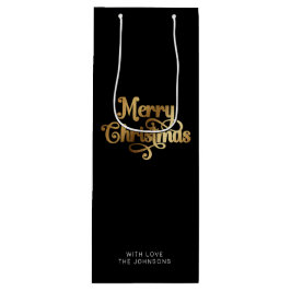 Sacola Para Vinho Simples Retro Script Preto Dourado Feliz Natal