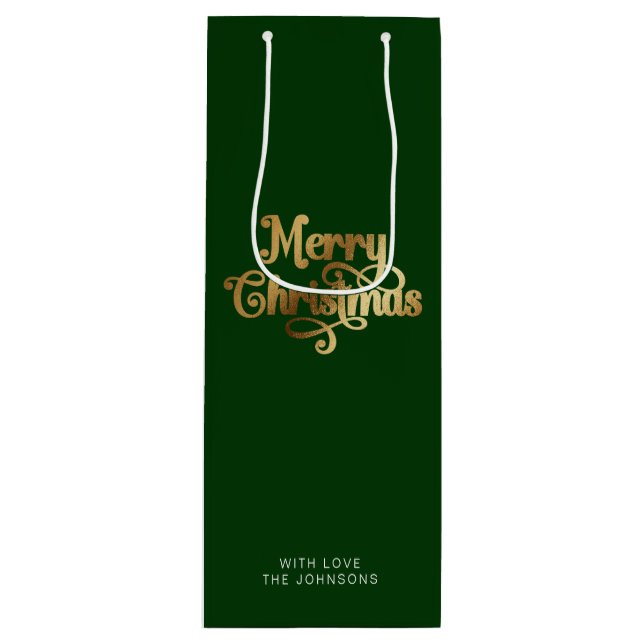 Sacola Para Vinho Simples Retro Script Verde Dourado Feliz Natal (Frente)
