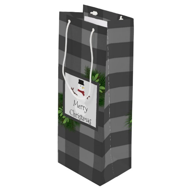 Sacola Para Vinho Snowman Cinza Buffalo Xadrez Wine Gift Bag (Frente inclinada)