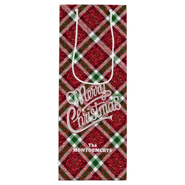 Sacola Para Vinho Sparkly Merry Christmas Plaid  (Frente)