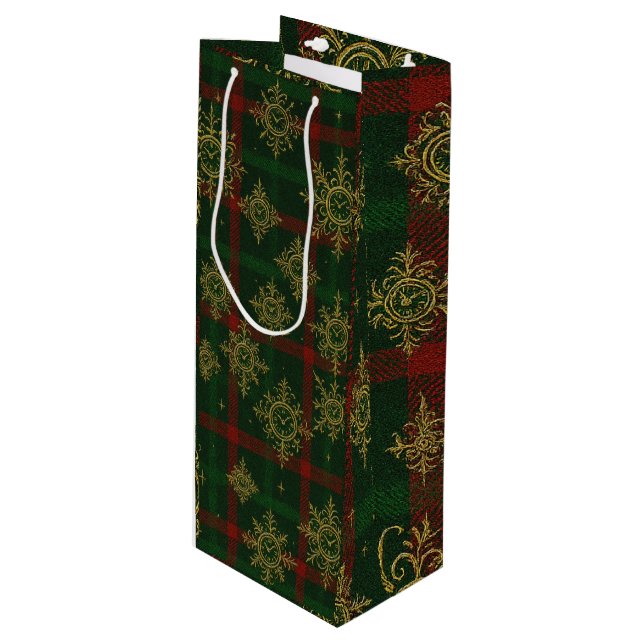 Sacola Para Vinho Steampunk Snowflake Red and Green Tartan (Frente inclinada)