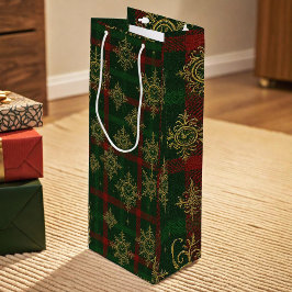 Sacola Para Vinho Steampunk Snowflake Red and Green Tartan
