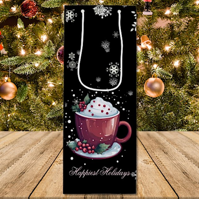 Sacola Para Vinho Taça de Natal de Chocolate Quente (Christmas Cup of Hot Chocolate Wine Gift Bag)