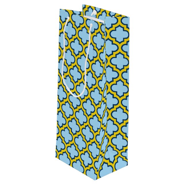 Sacola Para Vinho Trellis azul e amarela, lete, quatrefoil (Verso inclinado)