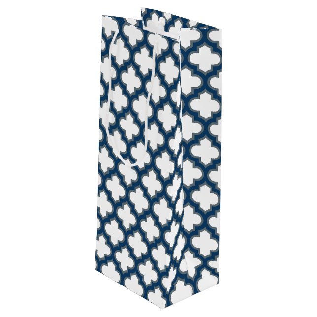Sacola Para Vinho Trellis, Latite, Quatrefoil, de cor branca e Marin (Verso inclinado)