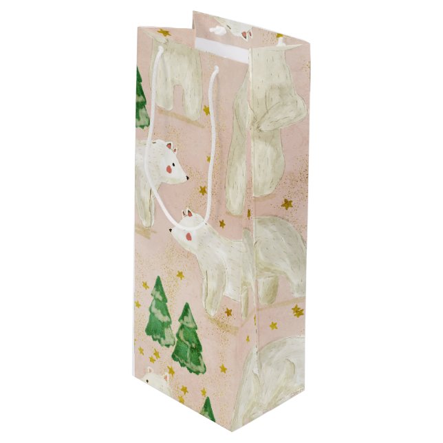 Sacola Para Vinho Ursos Polares de Natal Bonitos na Floresta Evergre (Frente inclinada)