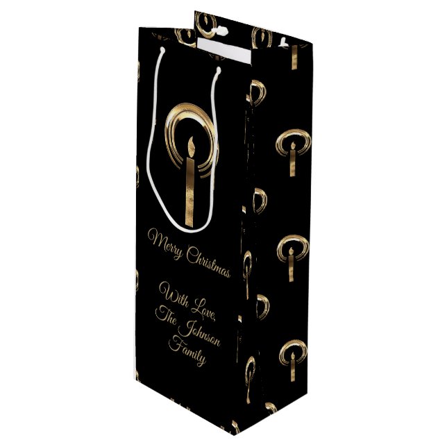 Sacola Para Vinho Vela de Natal Elegante Preta e Dourada (Frente inclinada)