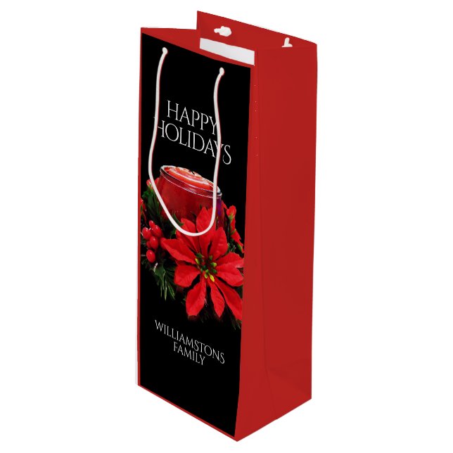 Sacola Para Vinho Vela Holly Poinsettias de Natal Vermelho Festivo (Frente inclinada)