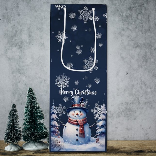 Sacola Para Vinho Winter Forest Snowman Natal (Winter Forest Snowman Christmas Wine Gift Bag)