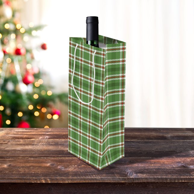 Sacola Para Vinho Xadrez de Férias da Feira Verde Russa de Natal (Green simple plaid pattern wine gift bag)