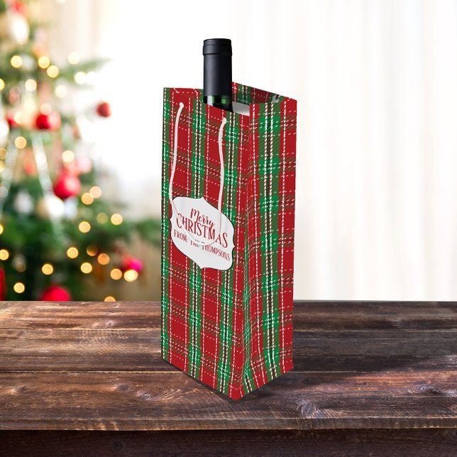Sacola Para Vinho Xadrez Vermelha rustica de Tartan Monograma do pad (Merry Christmas holiday red and green gift bag.)