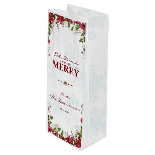 Sacola Para Vinho Xmas Snowflakes Poinsettia Coma Bebida e seja Feli