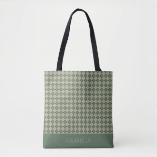 sacola tote com nome e padrão verde argyle