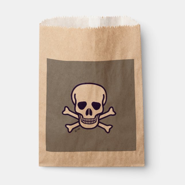 Sacolas cinza kraft de caveira e ossos (Frente)