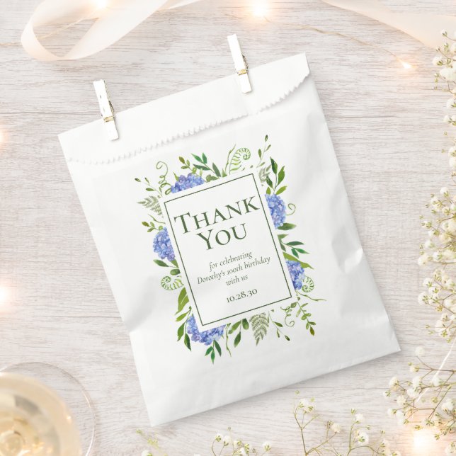 Sacolinha 100º aniversário - Hydrangeas azuis Obrigado (Cortado)